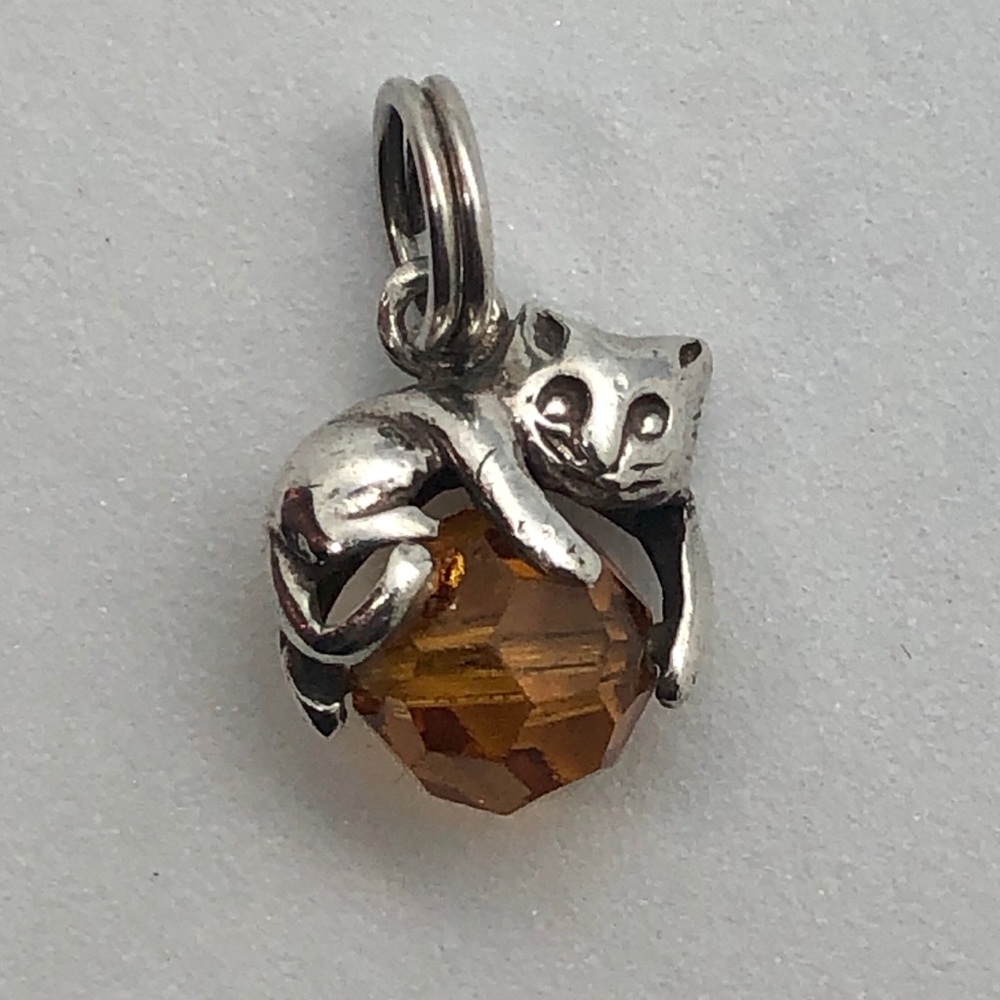 Sterling Silver Cat Charm 925 Orange Pendant
